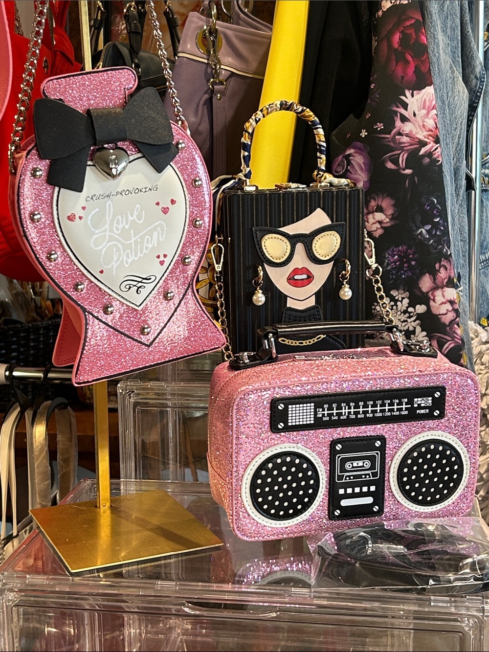 Bundle Pink/Black Novelty Crossbody Bags Betsey Johnson Potion/Lady/Boombox New - Picture 7 of 7